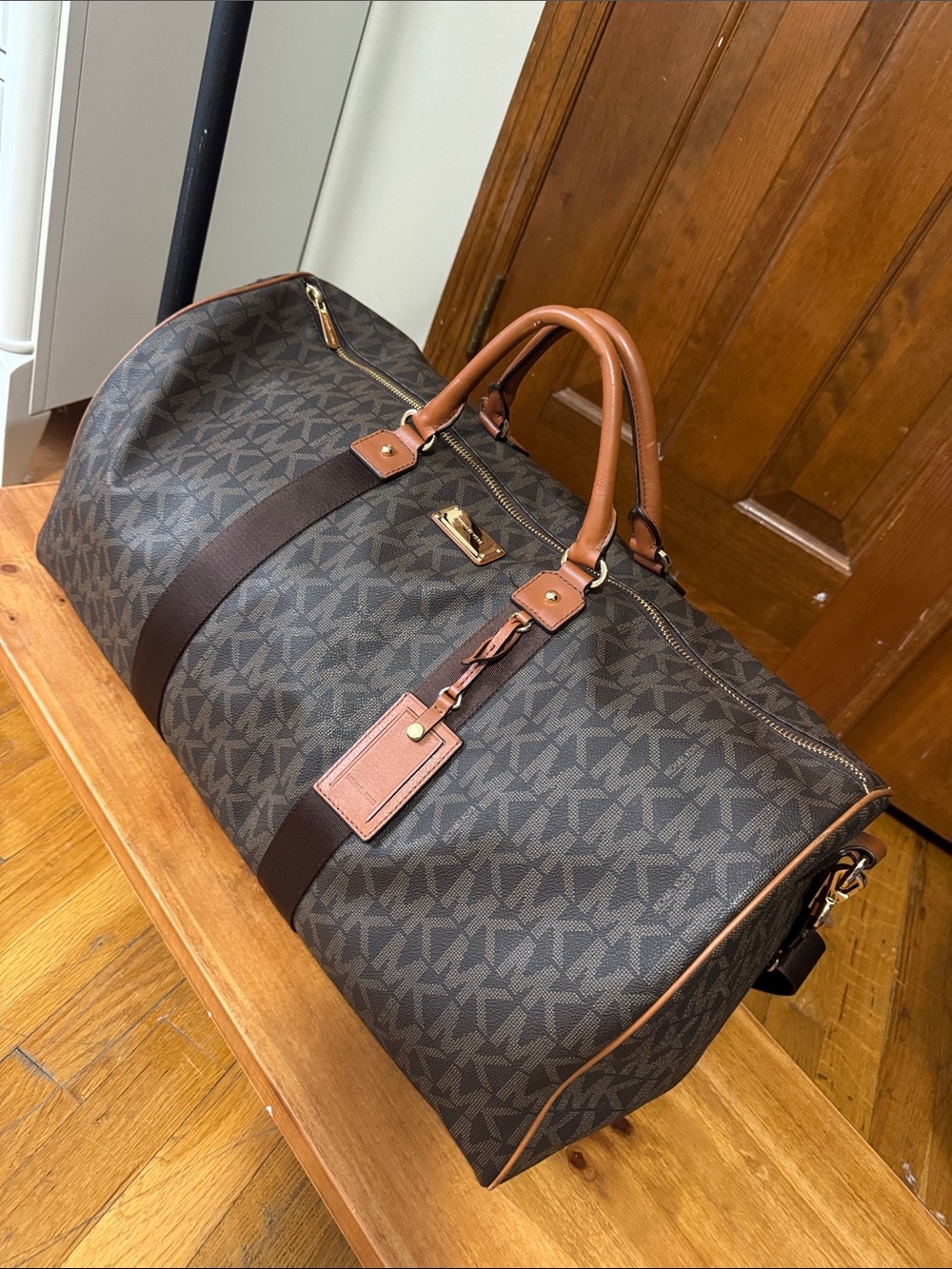 Michael Kors Brown Monogram Travel Duffel Bag with Tan Handles